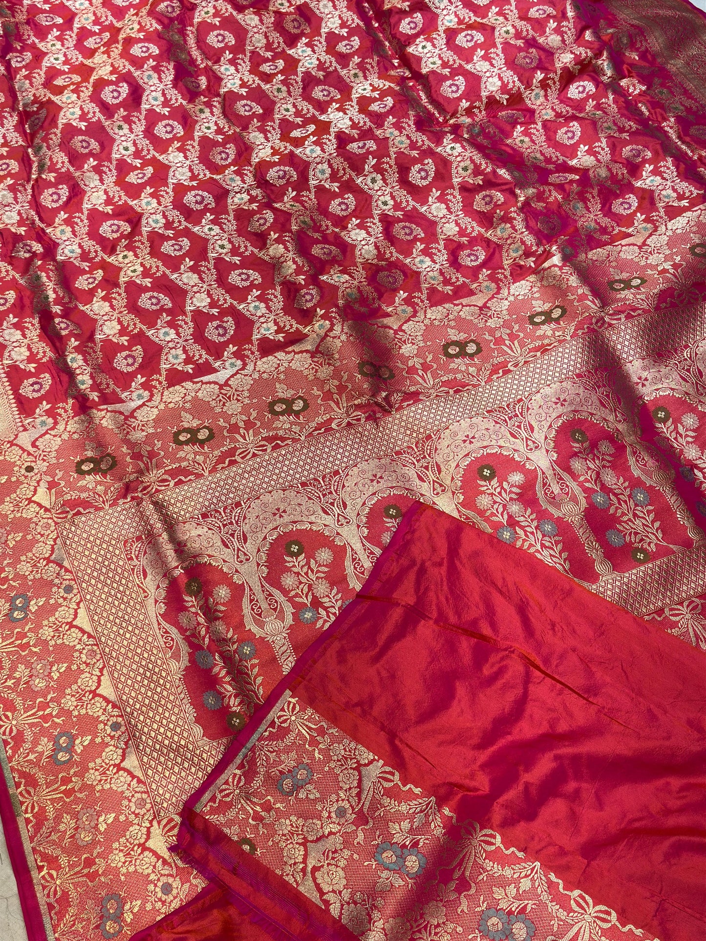 Banaras 100% Pure katan Premium Minakari Jaal &Silk Saree with allover beautiful Minakri Jaal design