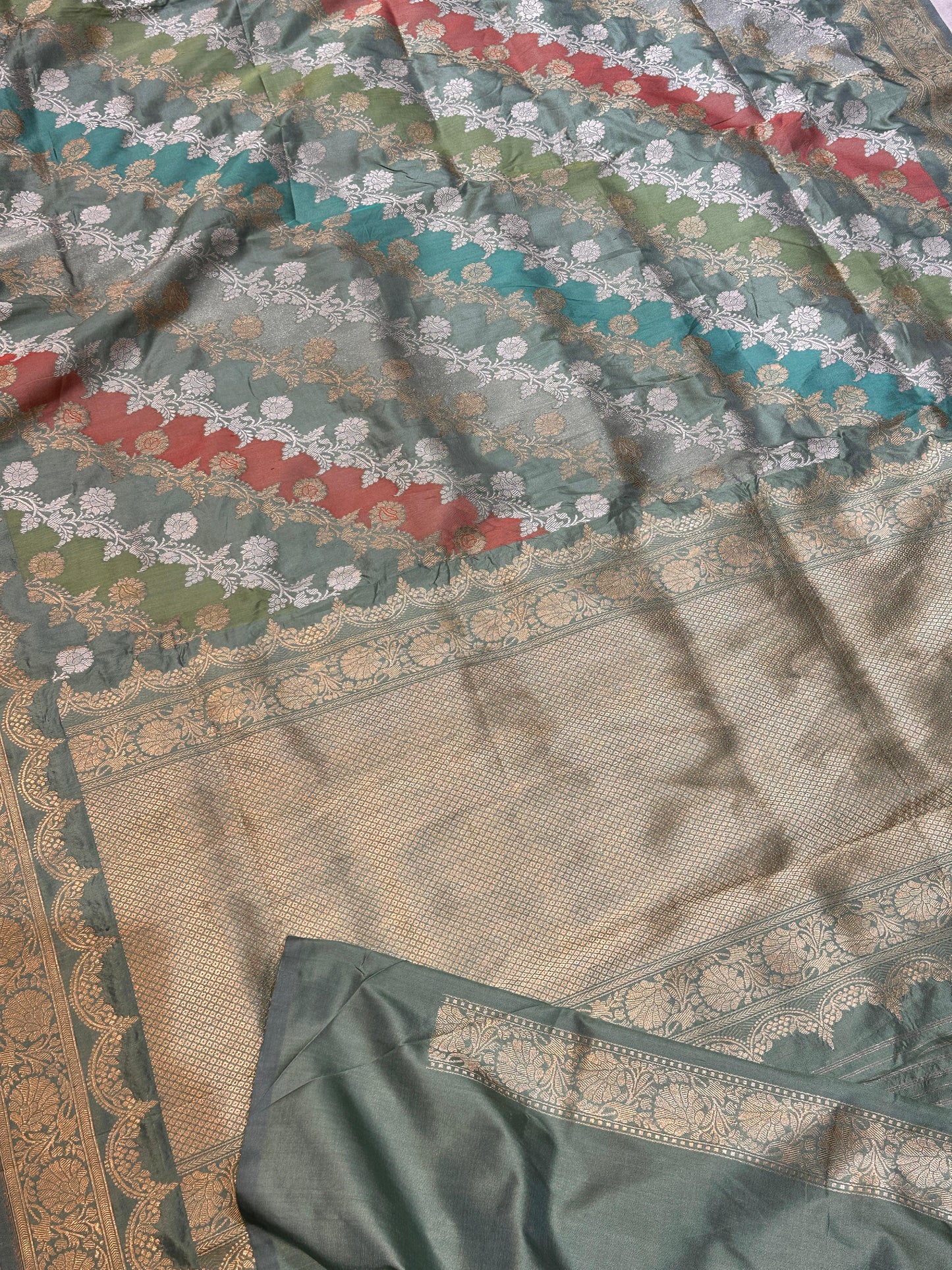 Banaras 100% Pure katan Premium Rangkaat Kadua Silk Saree with allover beautiful Sona Roopa Multi