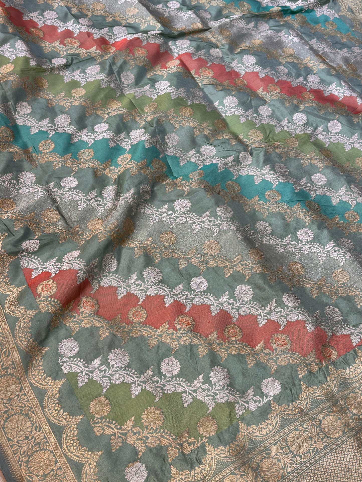 Banaras 100% Pure katan Premium Rangkaat Kadua Silk Saree with allover beautiful Sona Roopa Multi