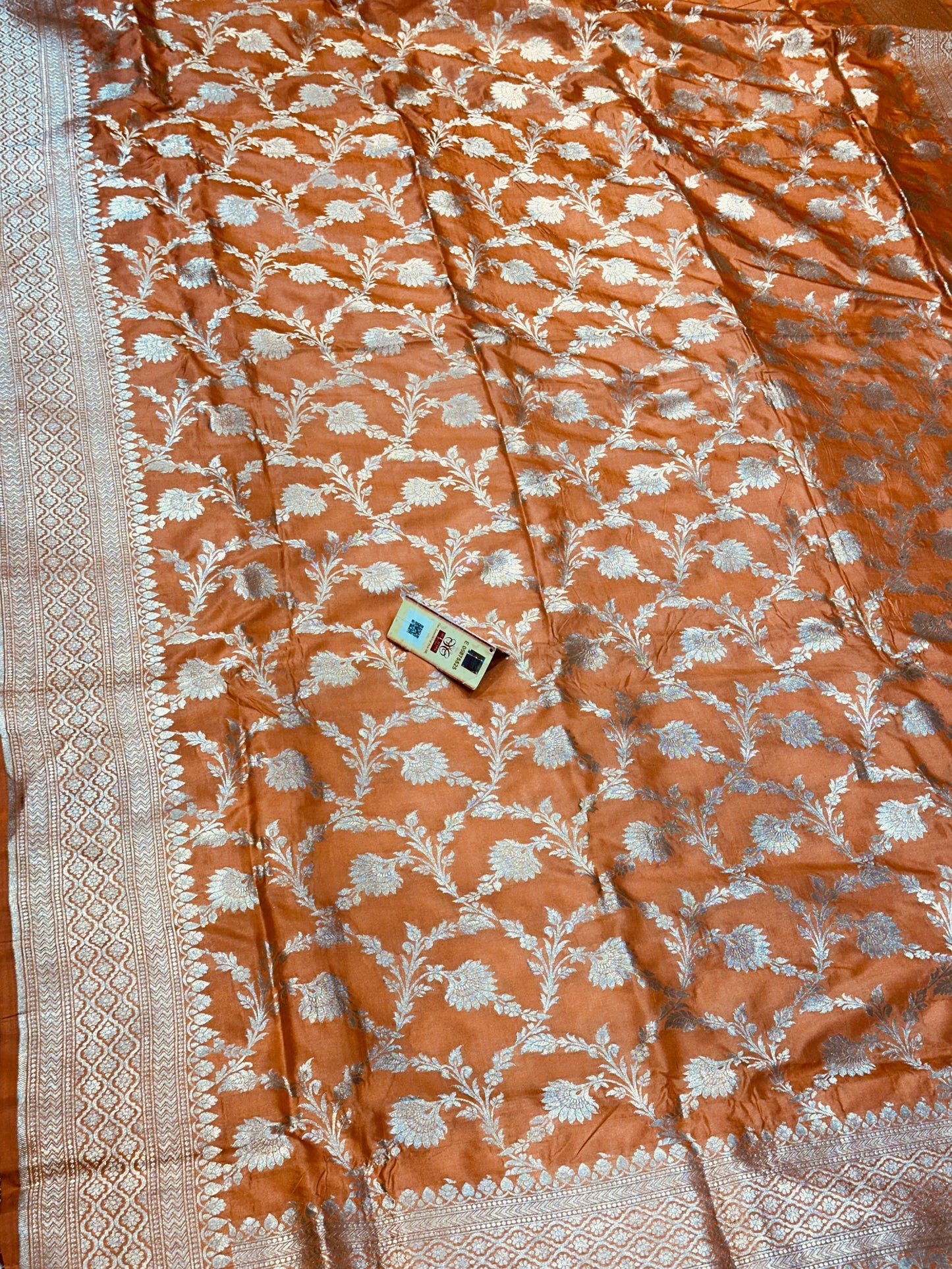 Banaras 100% Pure katan Silk Saree with allover beautiful antique jaal weave (Peach Orange)