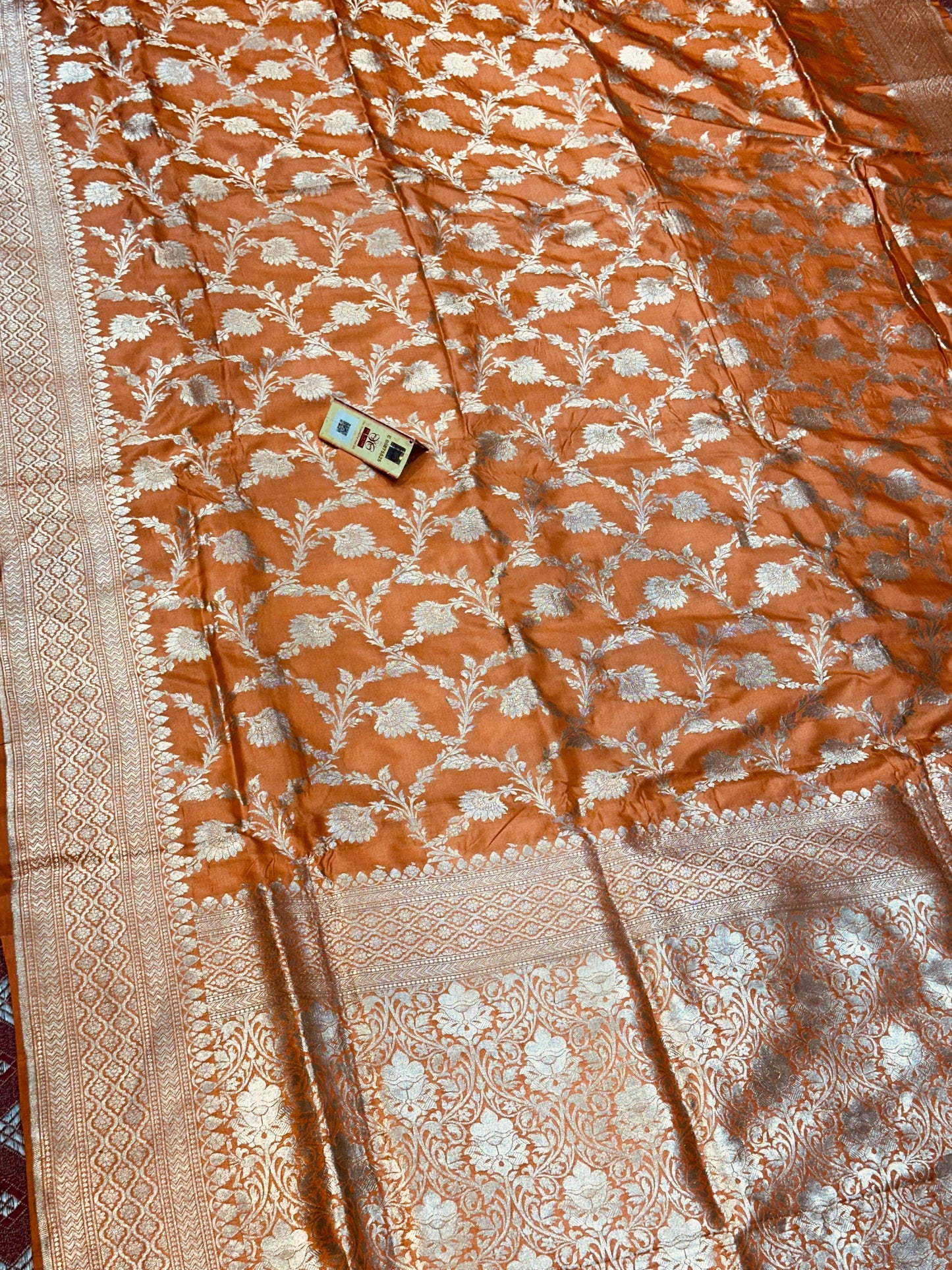 Banaras 100% Pure katan Silk Saree with allover beautiful antique jaal weave (Peach Orange)