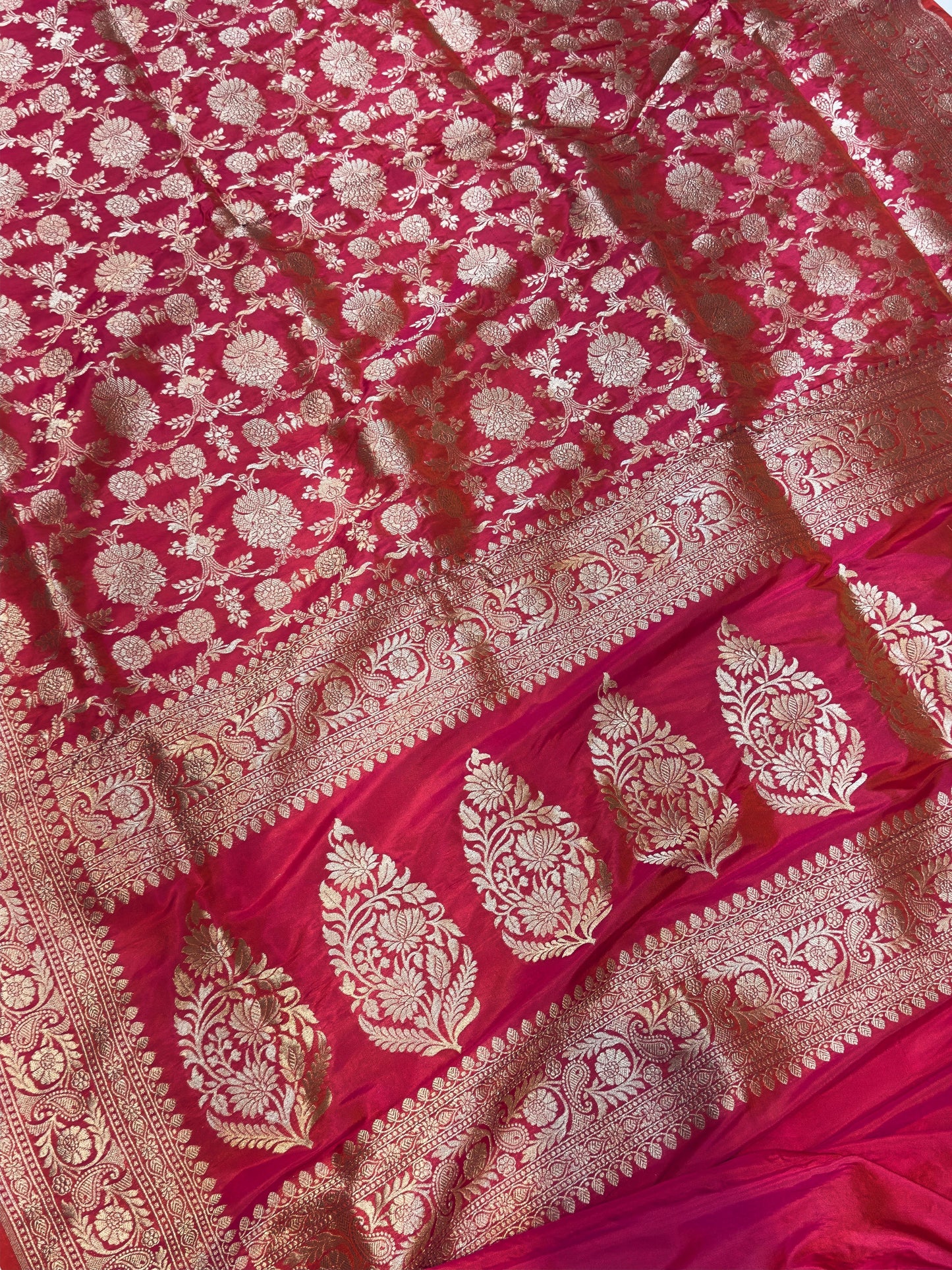 Banaras 100% pure katan silk Saree with premium real silk saree with allover water zari (Dual pink)