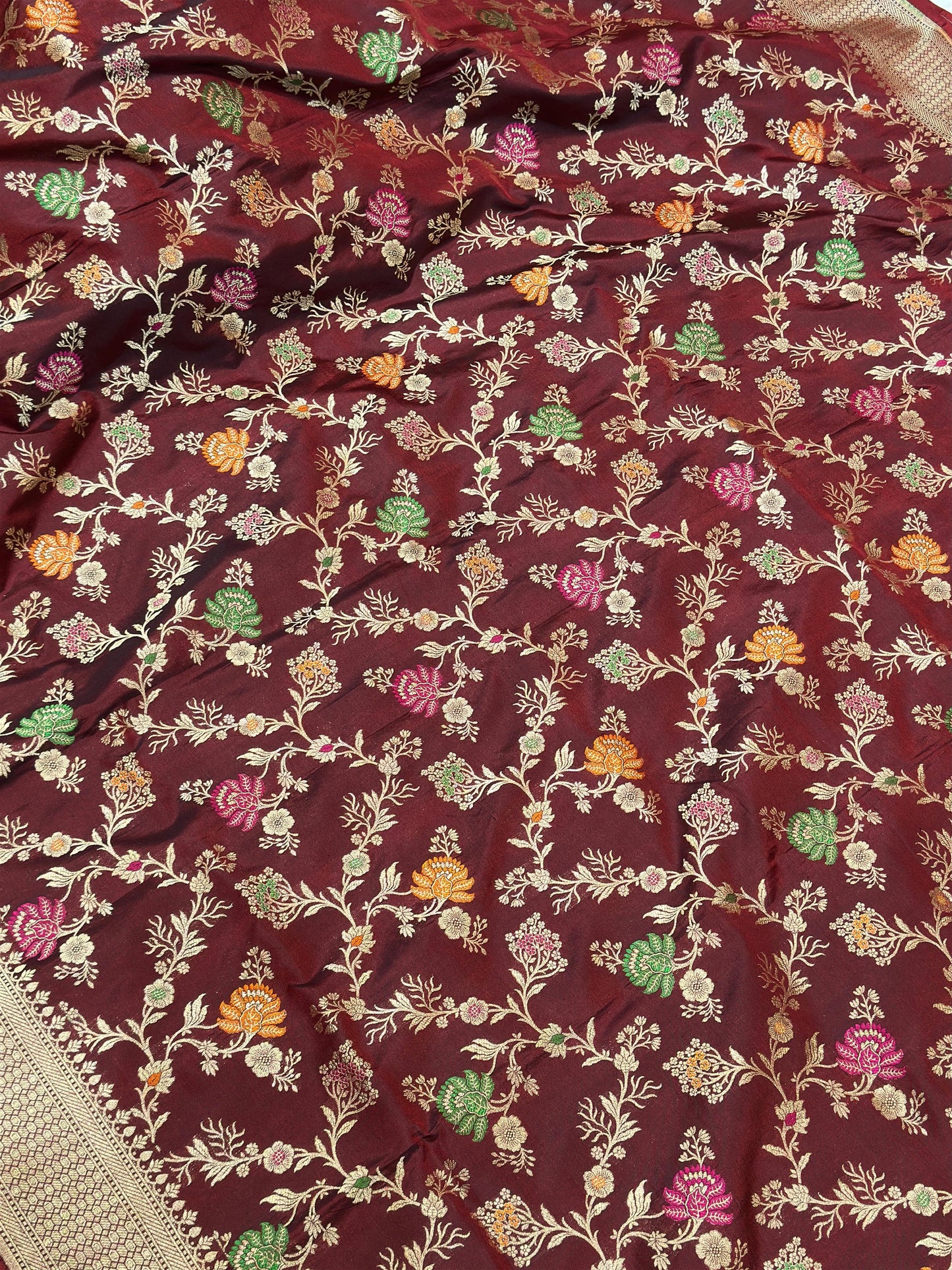 Banaras 100% pure katan silk Saree with premium real silk saree with allover water zari (Coke Mehroon)