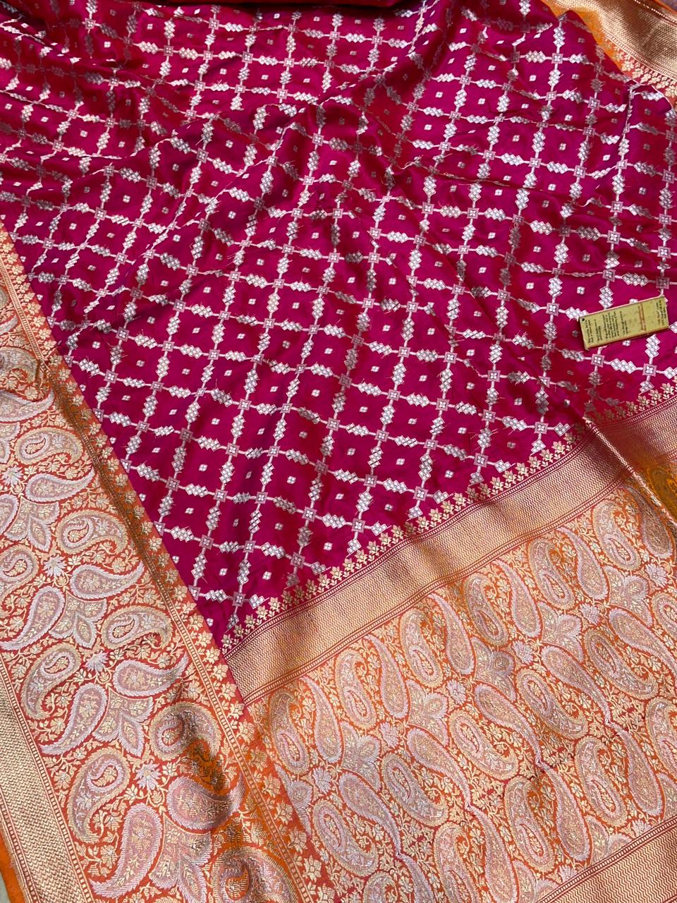 Banaras 100% Pure katan Silk Saree with allover silver zari wide border silver weave Fancy Gharchola jaal body