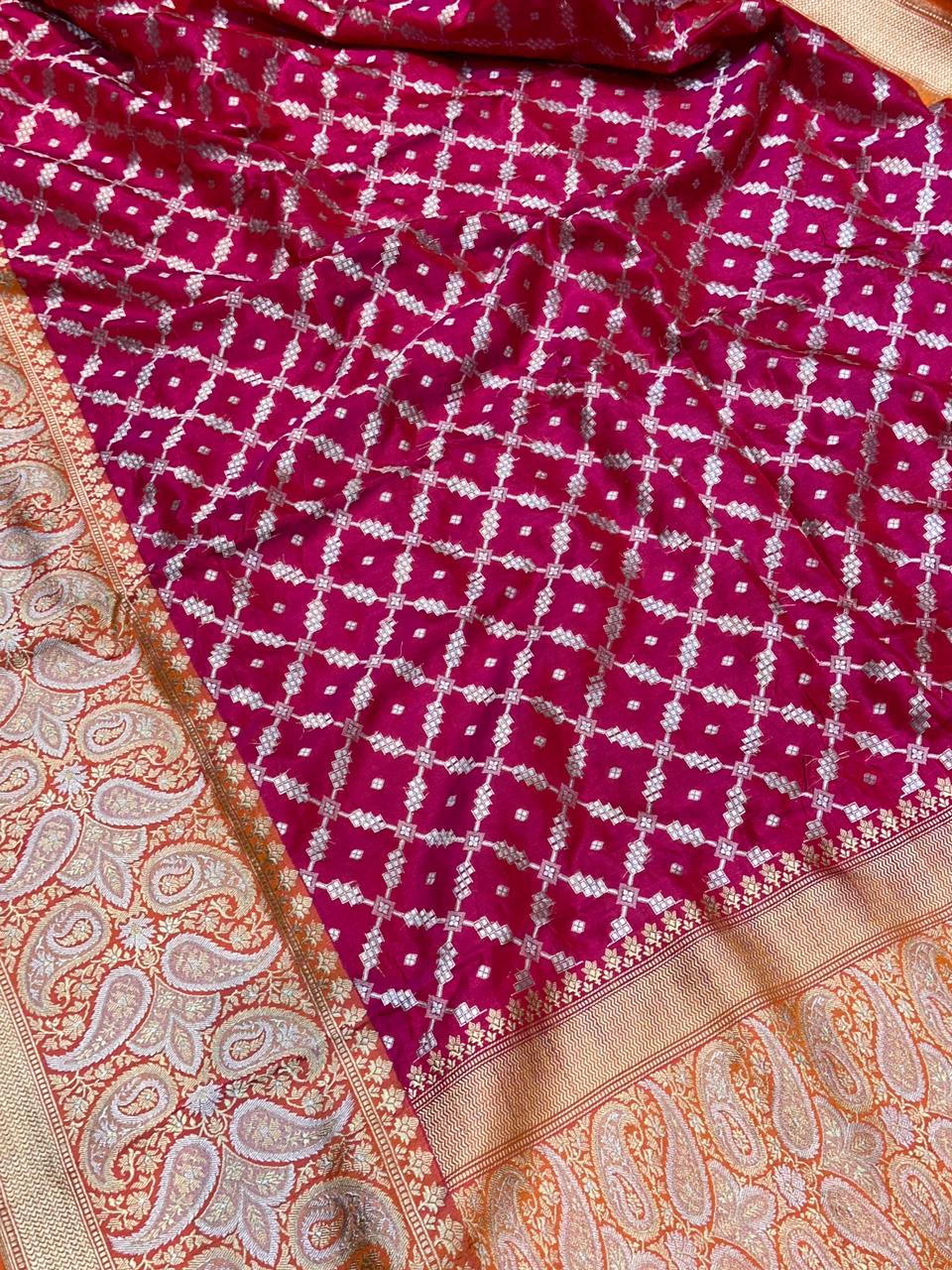 Banaras 100% Pure katan Silk Saree with allover silver zari wide border silver weave Fancy Gharchola jaal body