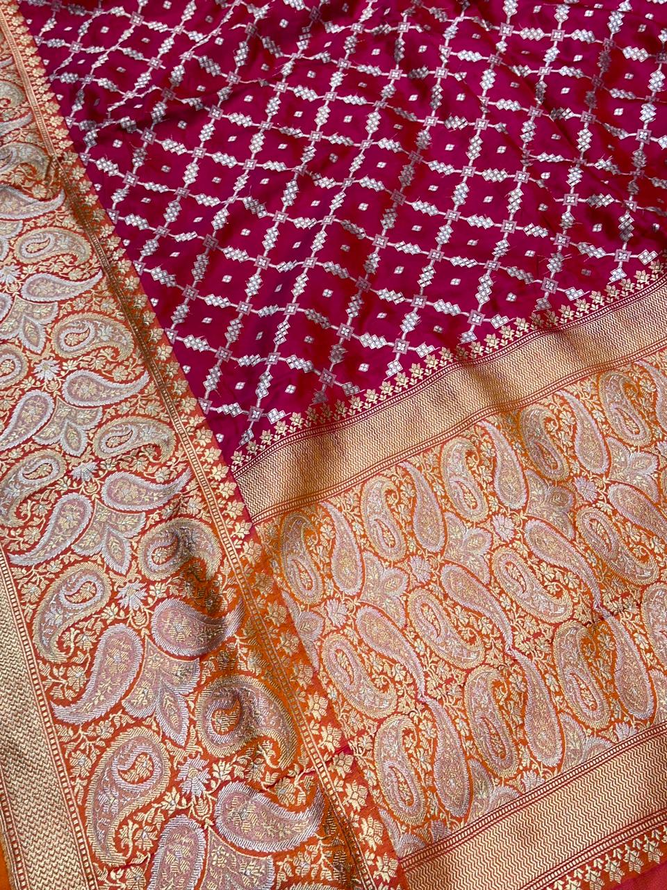 Banaras 100% Pure katan Silk Saree with allover silver zari wide border silver weave Fancy Gharchola jaal body