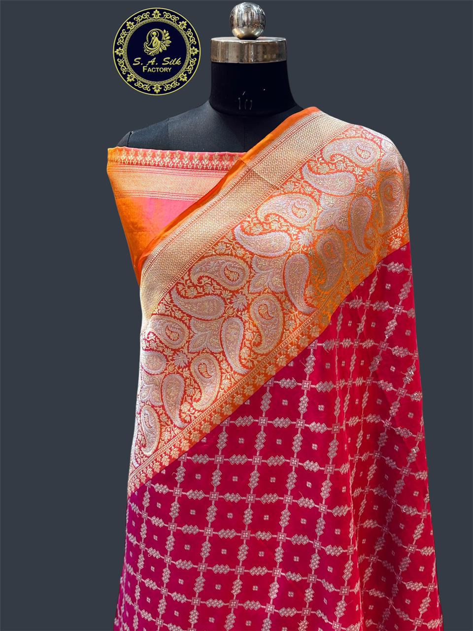 Banaras 100% Pure katan Silk Saree with allover silver zari wide border silver weave Fancy Gharchola jaal body