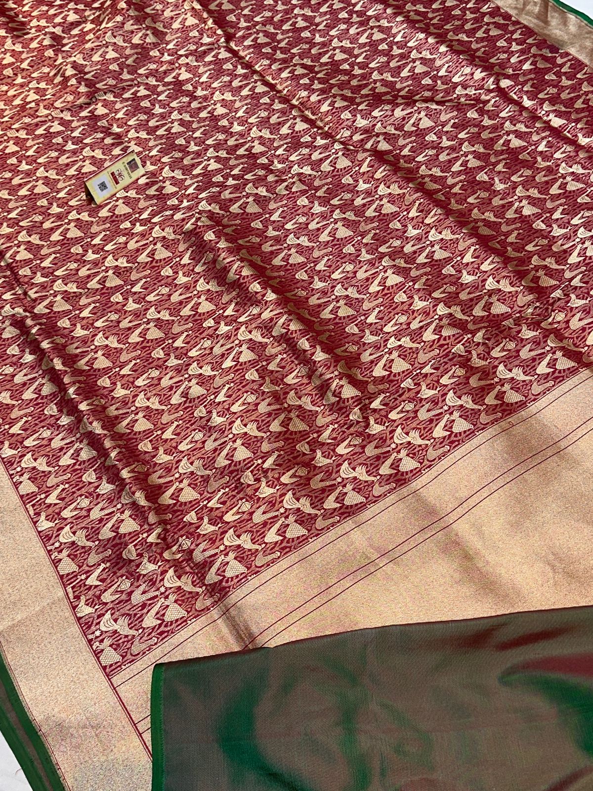 Banaras 100% Pure Katan Silk Saree with allove peacock buta and zari border