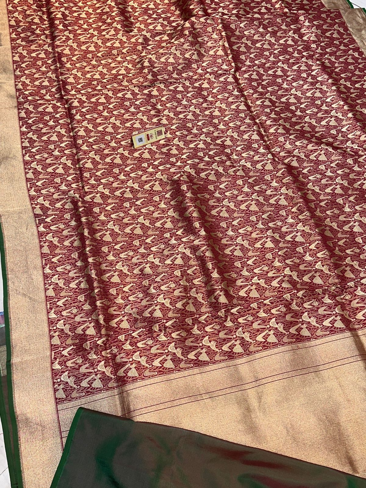 Banaras 100% Pure Katan Silk Saree with allove peacock buta and zari border