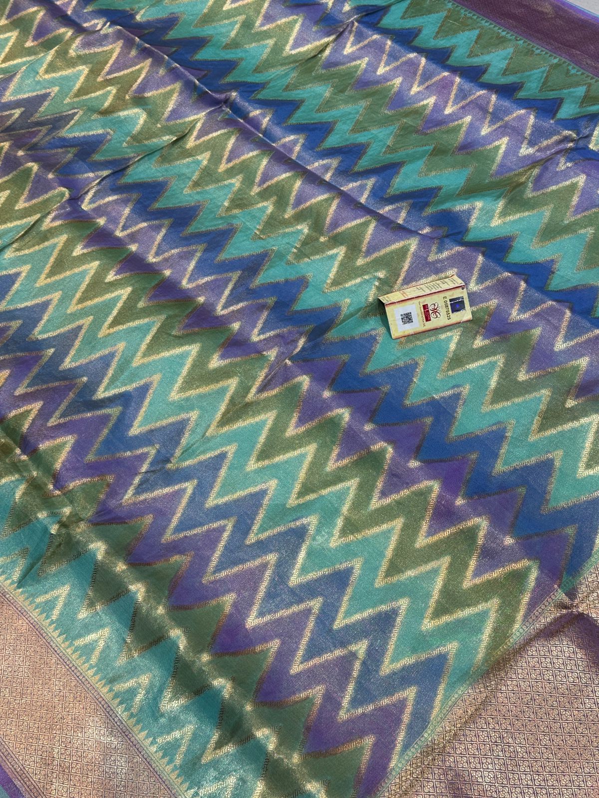 Banaras 100% Pure Tissue katan Silk Saree with allover degital zari weave Zig Zag Design