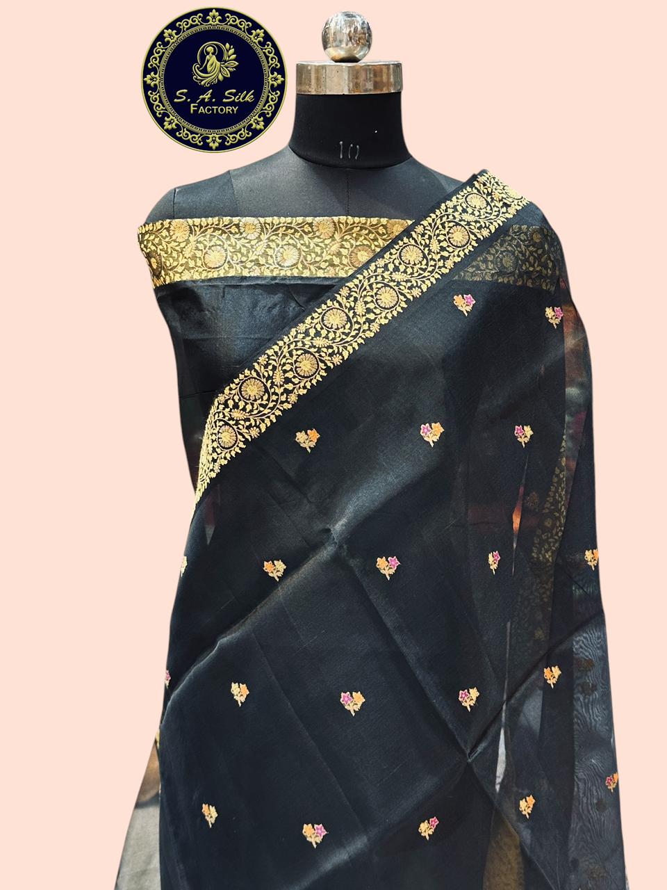 Banaras 100% Pure katan Organza Mina Silk Saree with allover antique zari weave Kadua buti Design