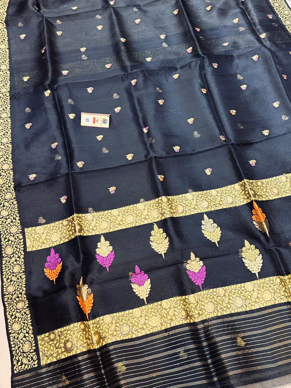 Banaras 100% Pure katan Organza Mina Silk Saree with allover antique zari weave Kadua buti Design
