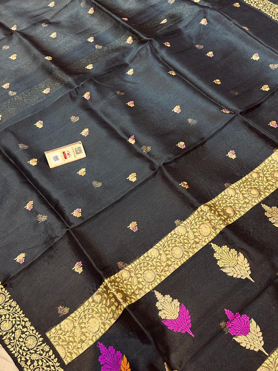 Banaras 100% Pure katan Organza Mina Silk Saree with allover antique zari weave Kadua buti Design