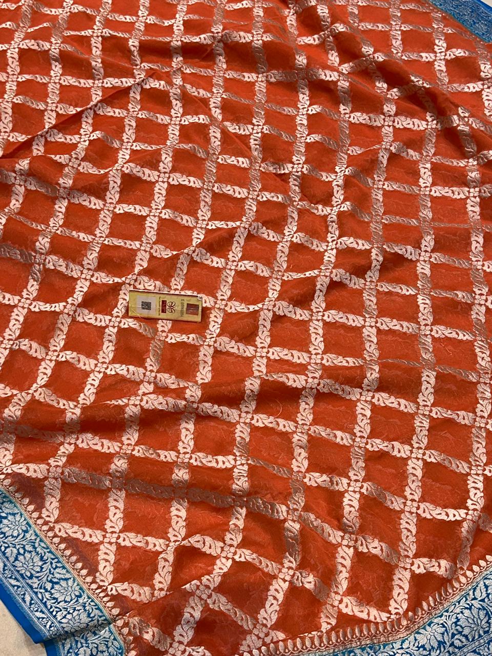 Banaras 100% Pure khaddi chiffon Silk Saree with allover Silver zari Gharchola
