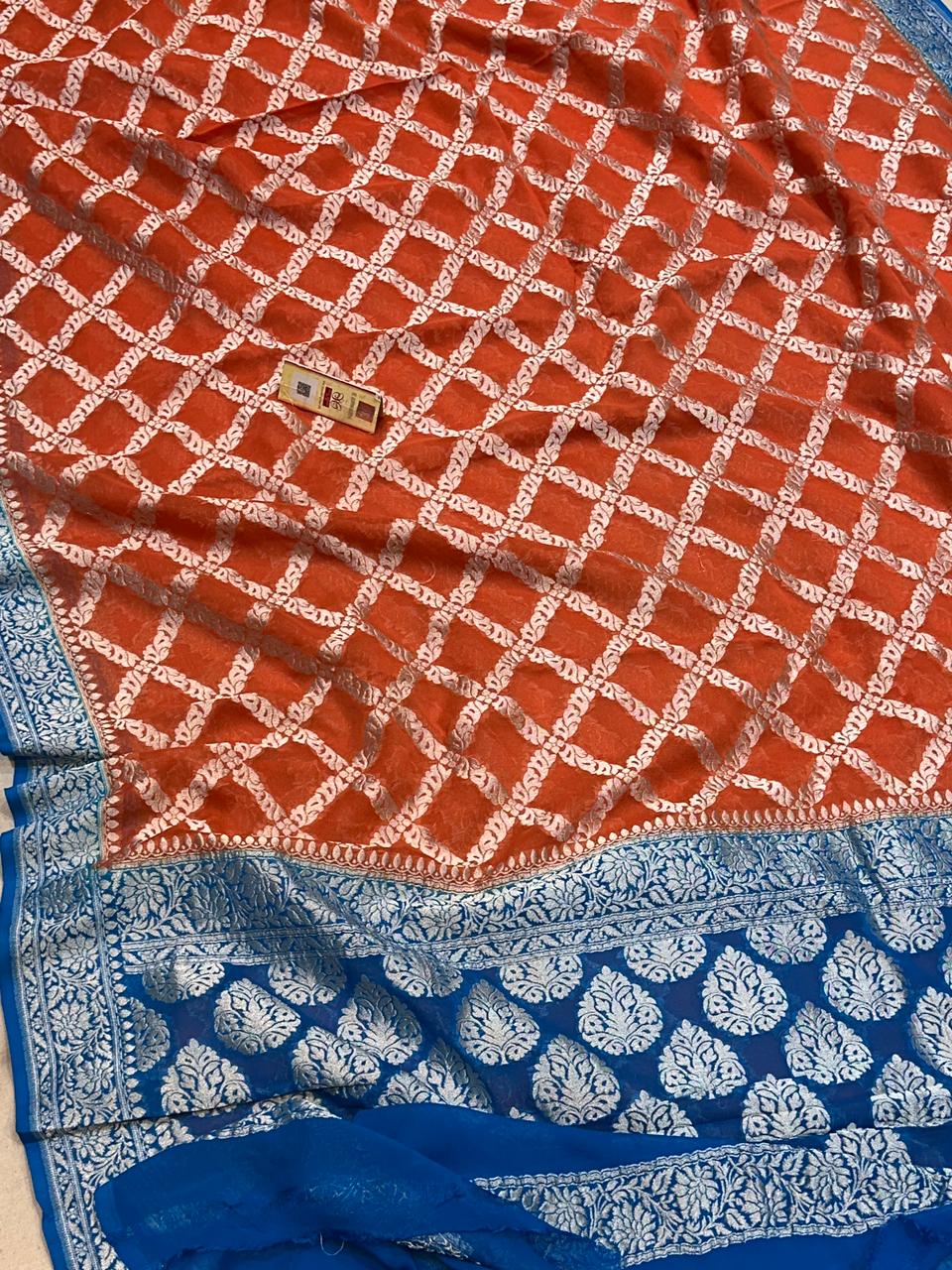 Banaras 100% Pure khaddi chiffon Silk Saree with allover Silver zari Gharchola