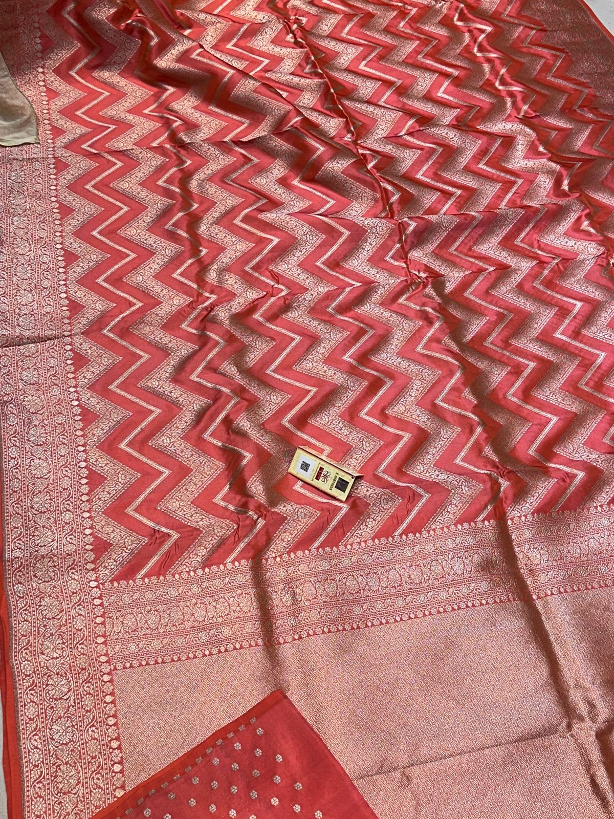Banaras 100% Pure katan Silk Saree with allover antique zari Zig-Zag weave Design