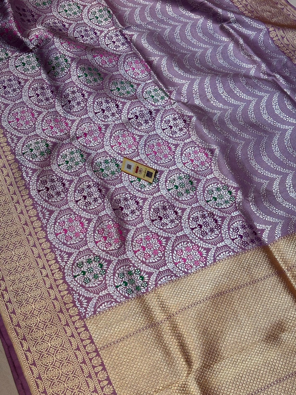 Banaras 100% Pure katan Silk Saree with allover antique kadua Mina silver jari jaal