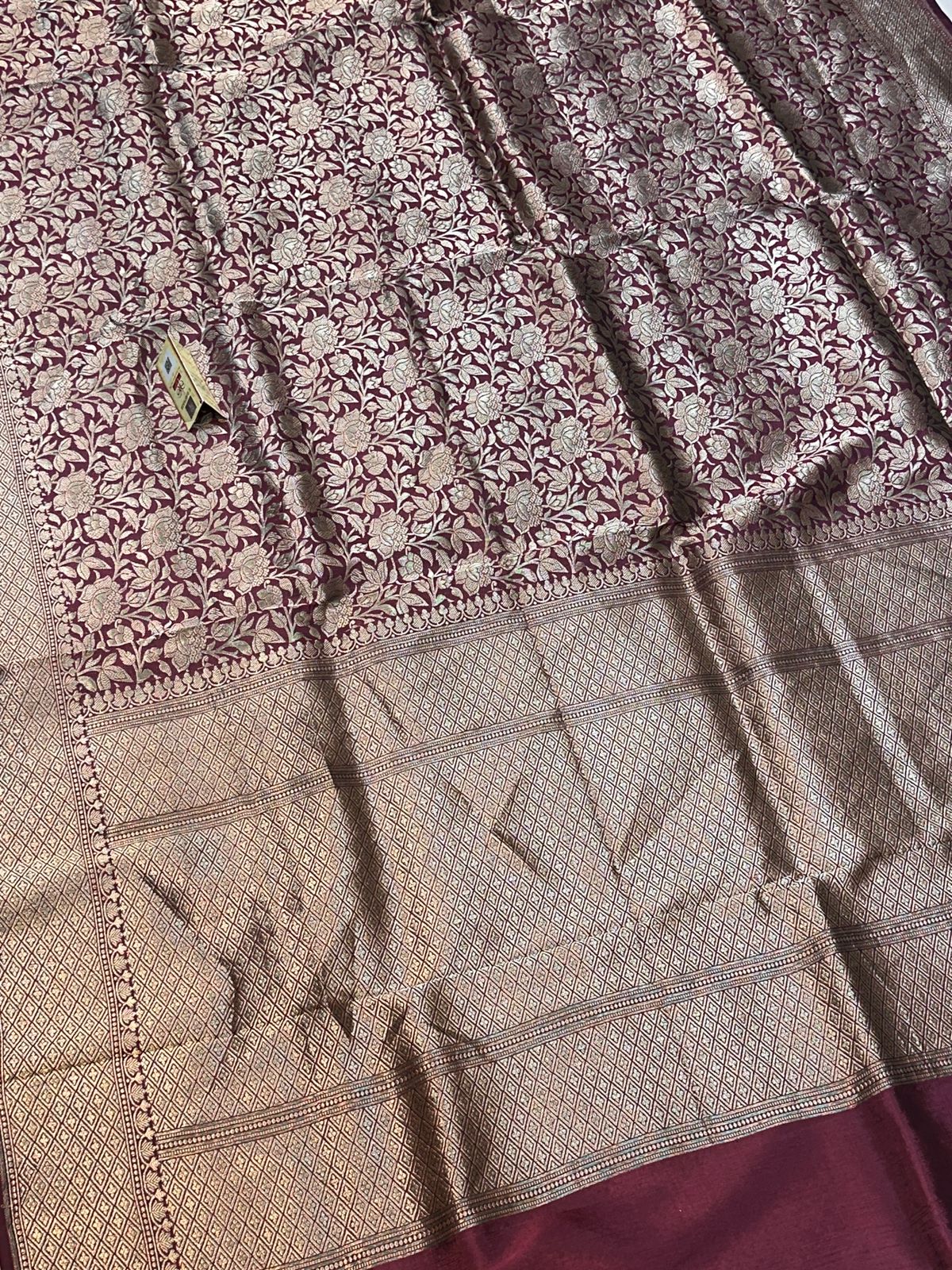 Banaras 100% Pure katan Tanchui Silk Saree with allover Silver Zari jaal weave