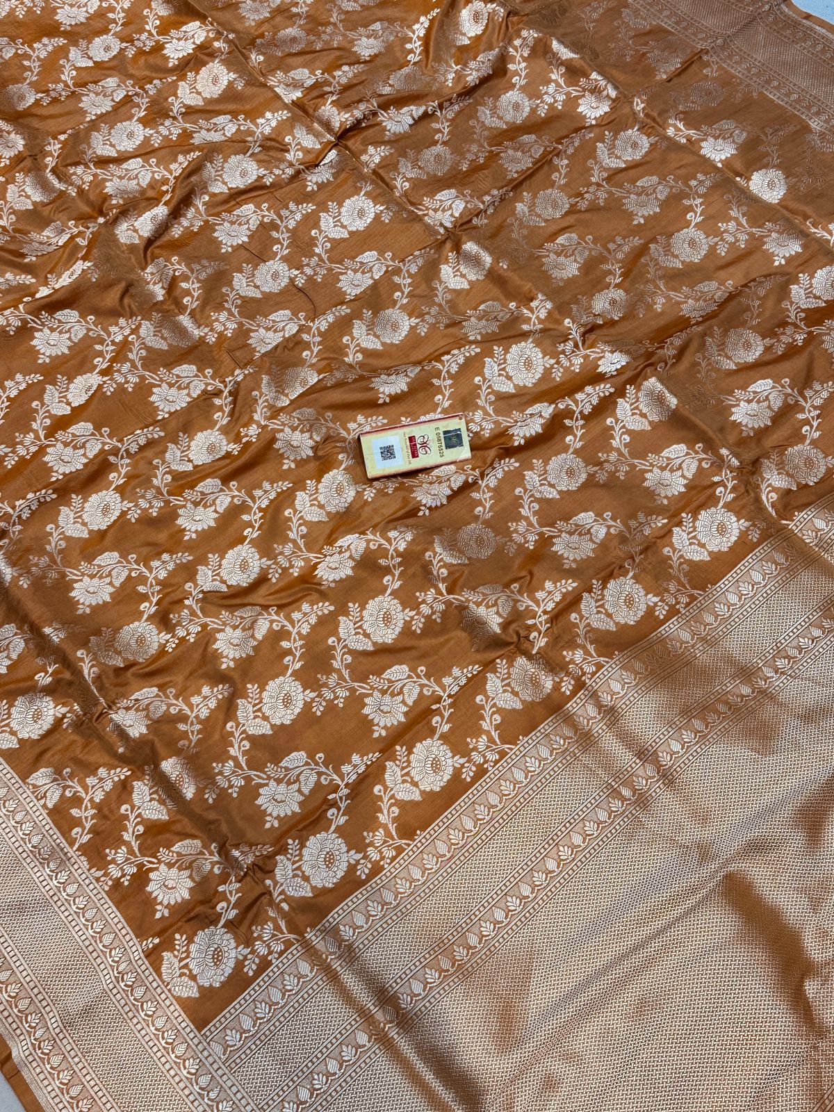 Banaras 100% Pure katan Silk Saree with allover antique zari weave jaal Design (Cider Brown)