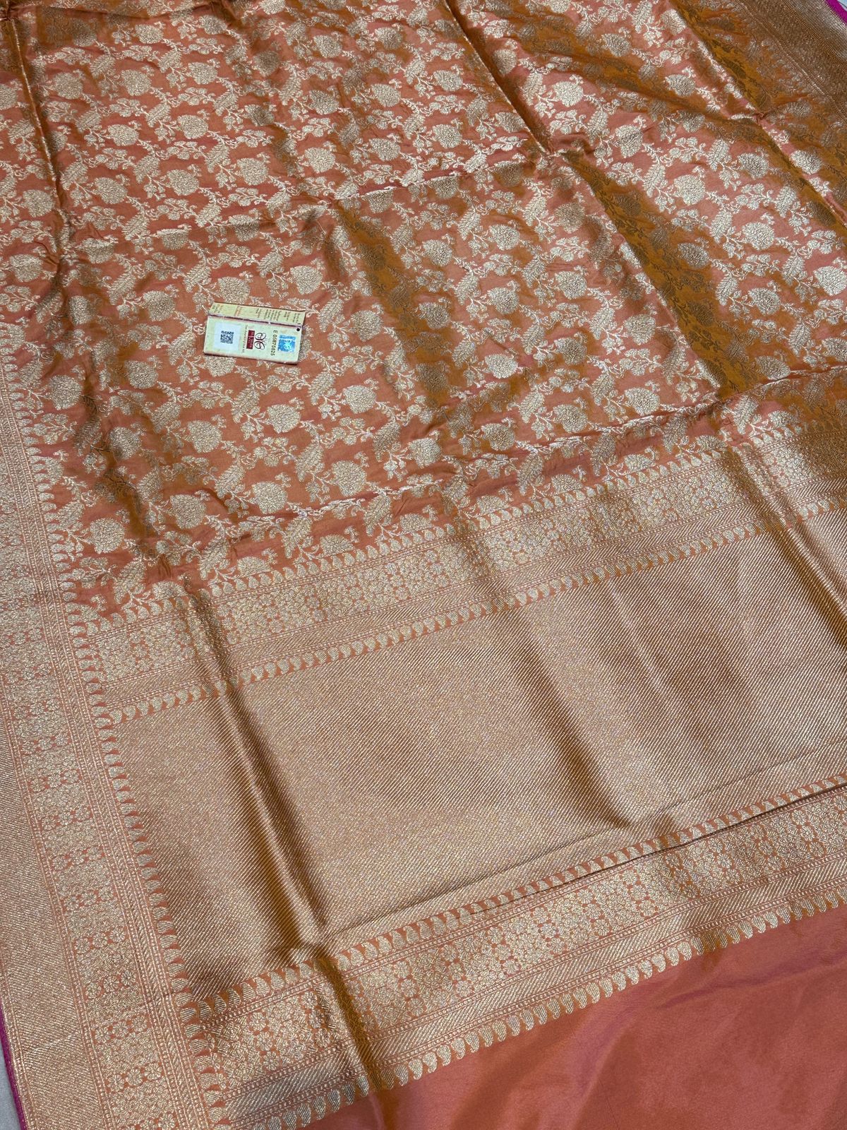 Banaras 100% Pure katan Silk Saree with allover zari weave Design and Zari border (Dual Peach)