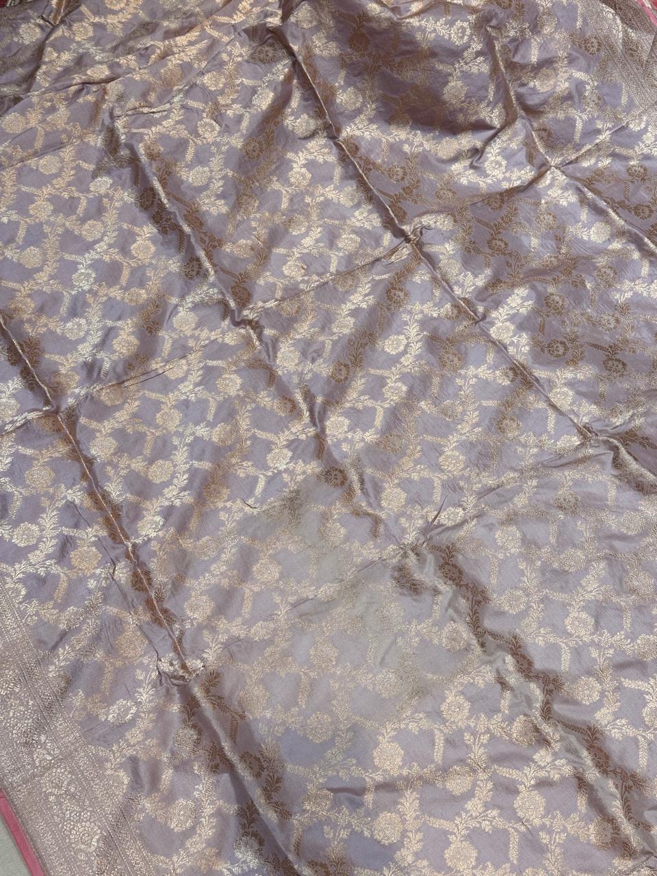 Banaras 100% pure katan silk Saree with allover real zari weave jaal weave (Rose Pink)