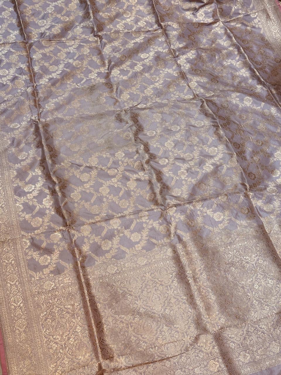 Banaras 100% pure katan silk Saree with allover real zari weave jaal weave (Rose Pink)
