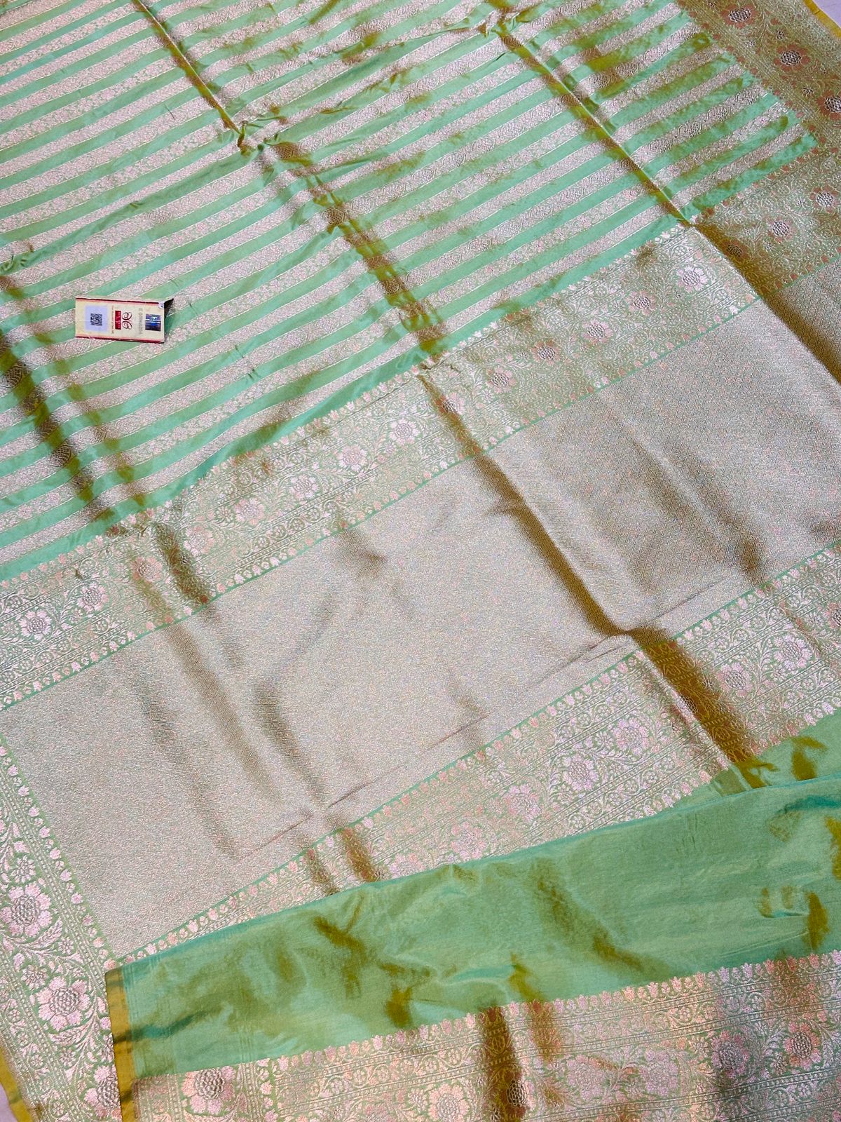 Banaras 100% pure katan silk Saree with allover real zari weave antique Stripe weave (Green)