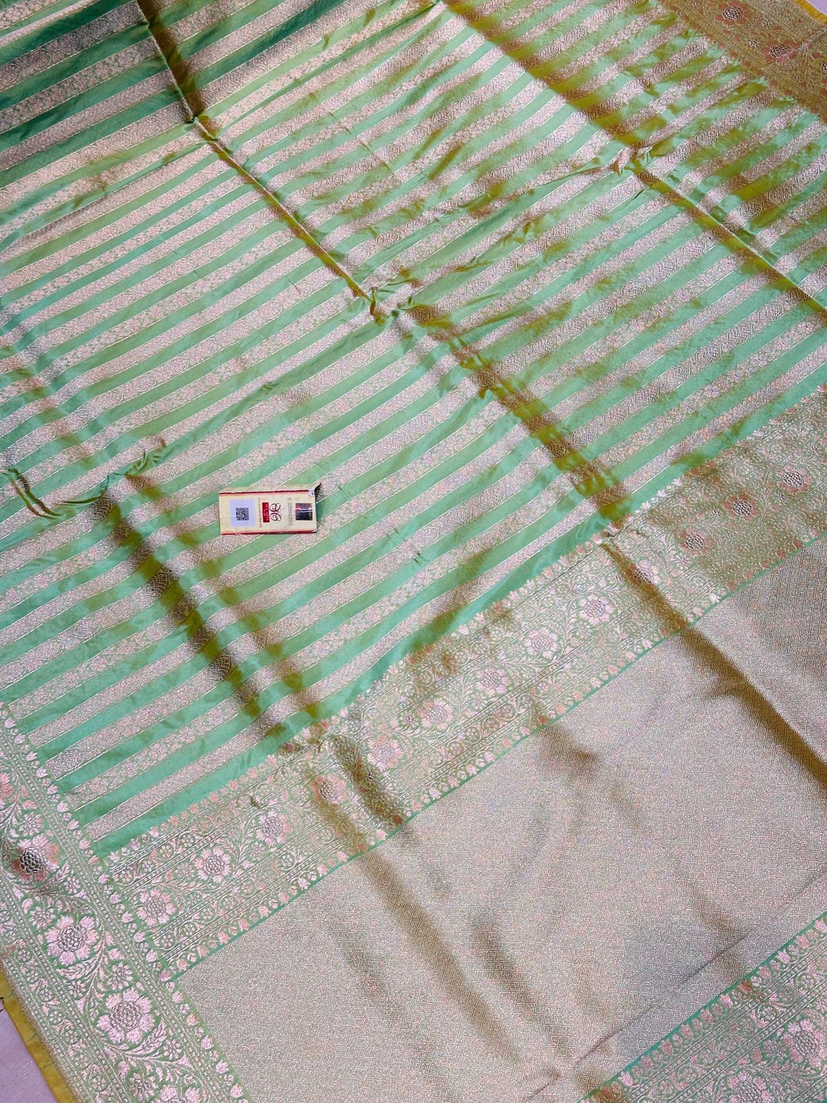 Banaras 100% pure katan silk Saree with allover real zari weave antique Stripe weave (Green)
