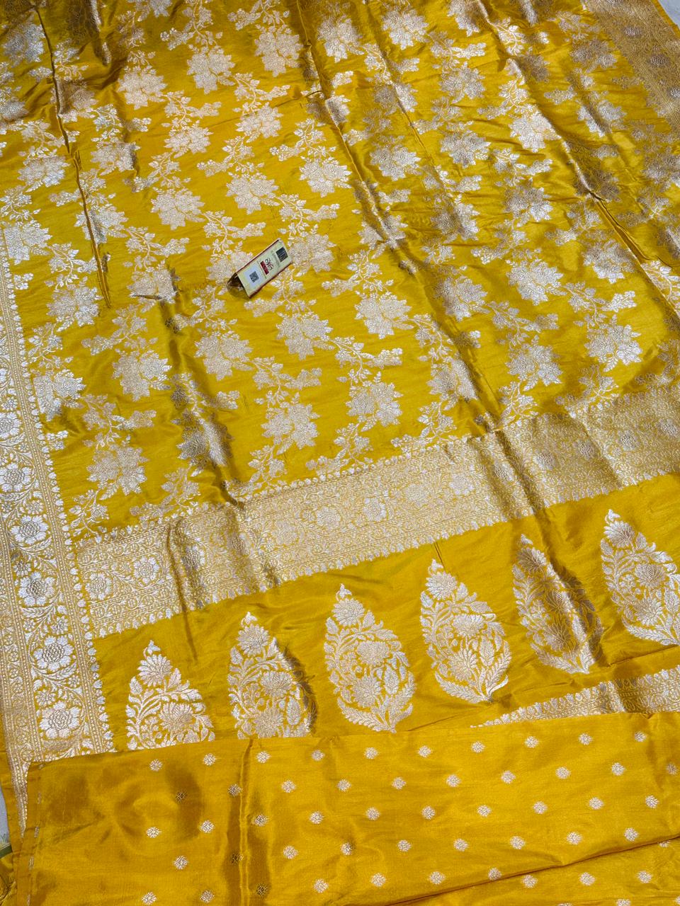 Banaras 100% pure katan silk Saree with allover real zari weave antique jaal design (Mustard sandle yellow)