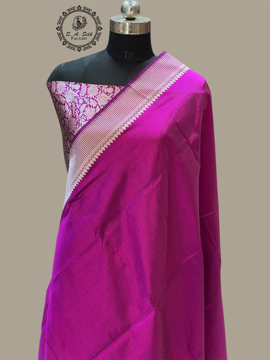Banaras 100% Pure katan Silk Saree with allover plain full body with Silver zari colour of weave