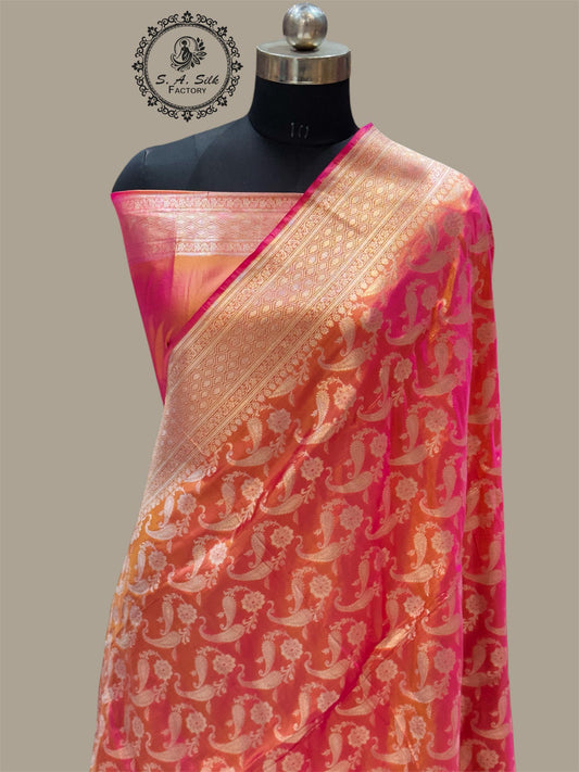 Banaras 100% Pure katan Premium Silk Saree with allover beautiful dual shaded jaal design (Dual Peach)