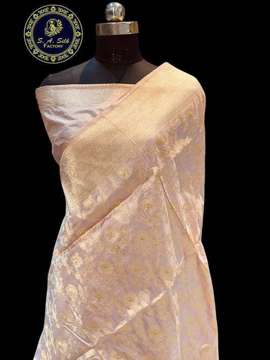 Banaras 100% Pure katan Silk Saree with allover zari weave Jaal Design and Zari border (Rose Pink)