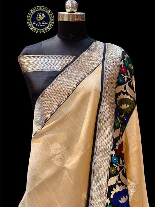Banaras 100% Pure Paithani katan Silk Saree with allover kadua buta (Creamy White)