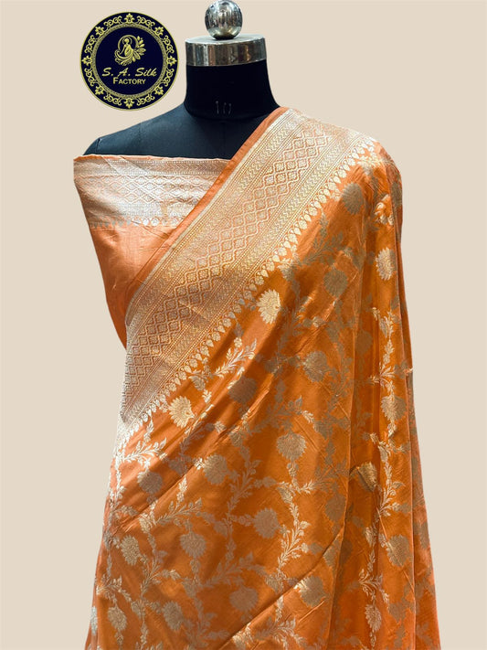 Banaras 100% Pure katan Silk Saree with allover beautiful antique jaal weave (Peach Orange)