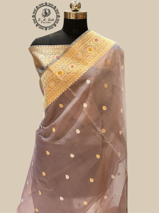 Banaras 100% pure kora organza silk Saree with premium real Zari silk saree with allover Weave Kadua (Dark Dual Nude Pink)