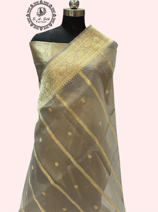 Banaras 100% pure kora organza silk Saree with premium real Zari silk saree with allover Weave Kadua (Dark Tasar)