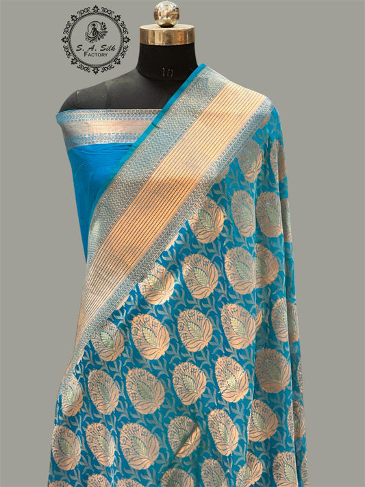 Banaras 100% pure Georgette katan silk Saree with premium real Zari silk saree (Sky Blue)