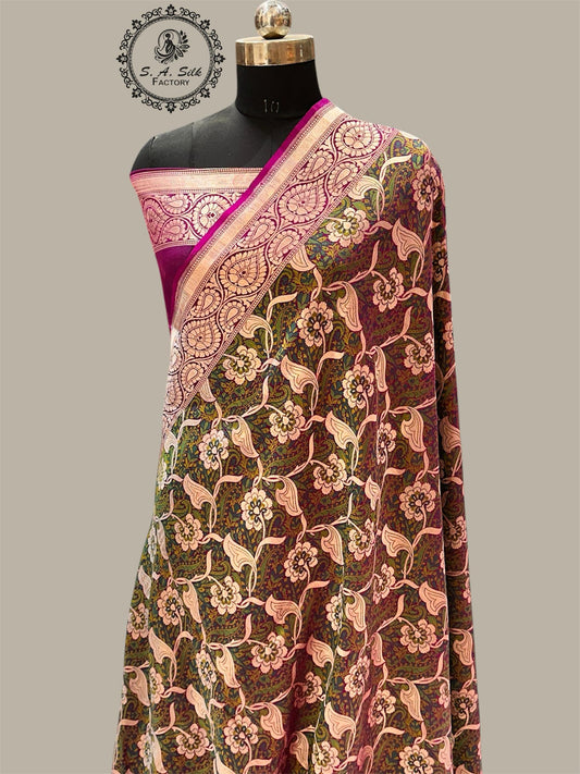 Banaras 100% pure Georgette katan silk Saree with premium real Zari silk saree (Megenta)
