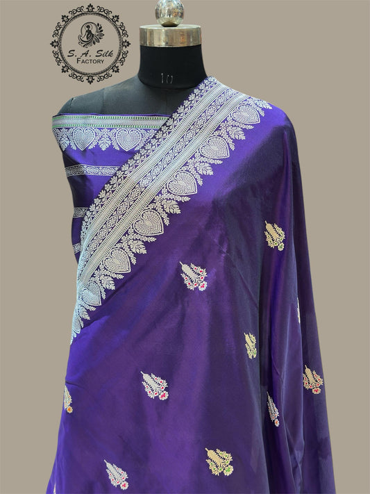 Banaras 100% pure katan silk Saree with premium real silk saree with allover water zari weave antique Kadua (Purple)