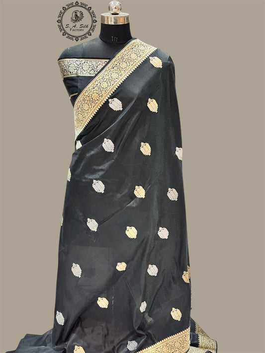 Banaras 100% pure katan kadua silk Saree with premium real silk saree (Black)