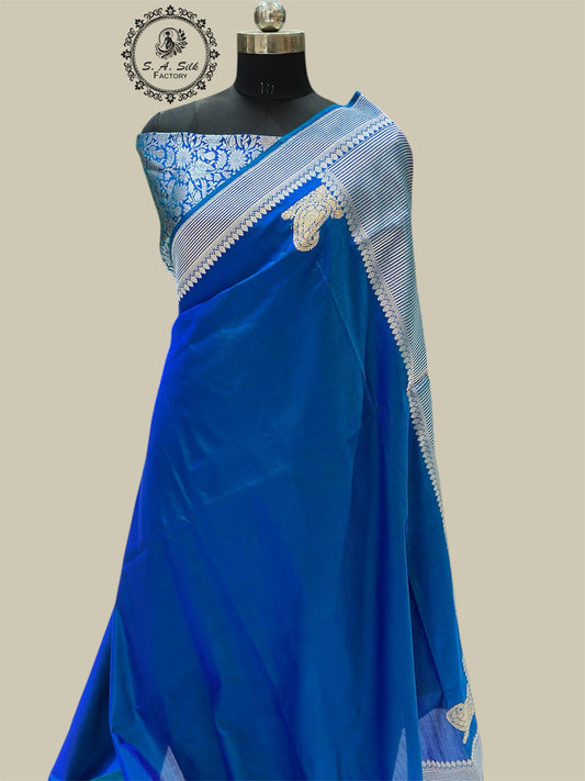 Banaras 100% pure katan kadua silk Saree with premium real silk saree with allover water zari (Dual peacock blue)