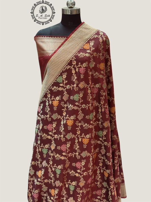 Banaras 100% pure katan silk Saree with premium real silk saree with allover water zari (Coke Mehroon)