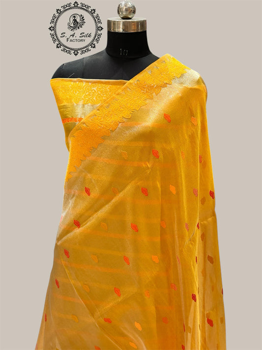 Banaras 100% pure katan Tissue silk Saree with premium real silk saree with allover Weave Kadua (Mango Yellow)