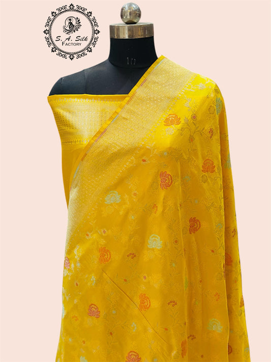 Banaras 100% pure katan silk Saree with premium real silk saree with allover water zari (Yellow)