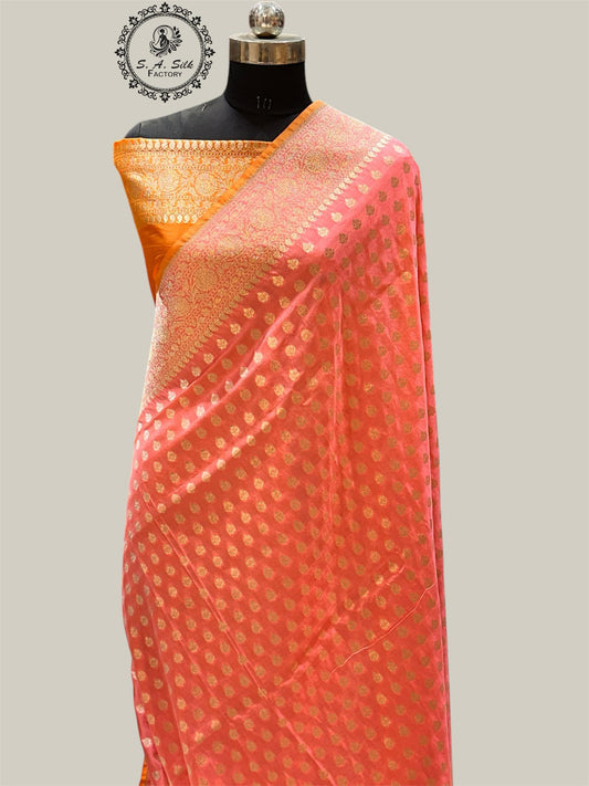 Banaras 100% pure katan silk Saree with premium real silk saree with allover water zari (Peach)