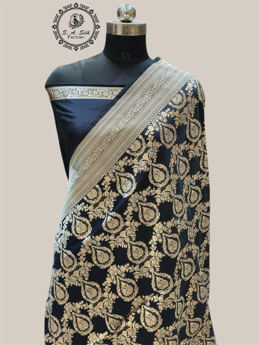Banaras 100% pure katan premium silk Saree with premium real silk saree with allover  water copper Zari (Black)