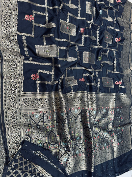 Banaras Soft Semi Katan Silk Saree with Allover fancy Jari Matt Mina Kari Box (9)