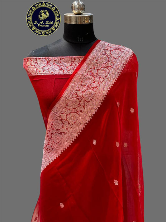 Banaras 100% Pure Khaddi Chiffon kadua silk Saree with allover silver zari weave buti design