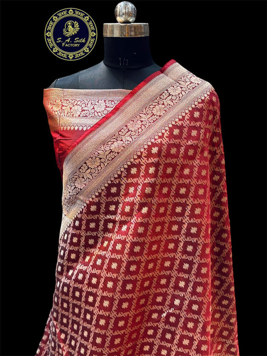 Banaras 100% Pure katan Silk Saree with allover Gharchola jaal body with water zari