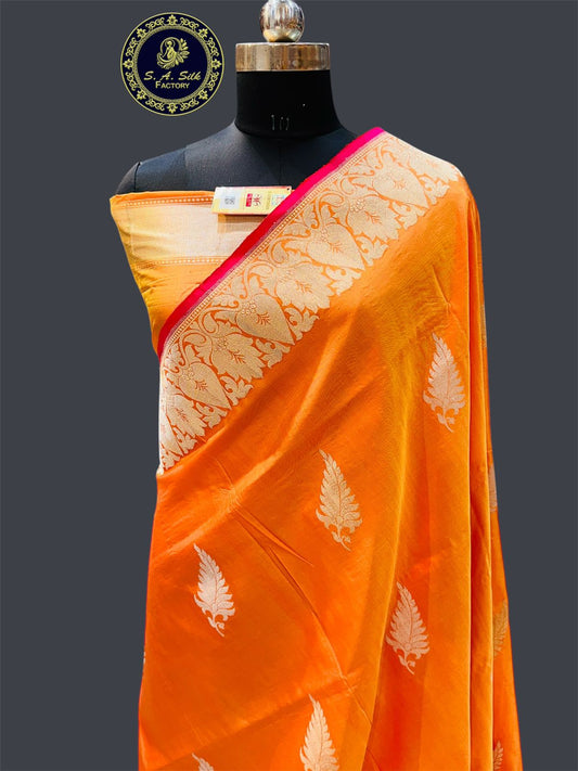 Banaras 100% Pure Stripe katan Silk Saree with allover kadua leaf buta and double zari with water zari colour
